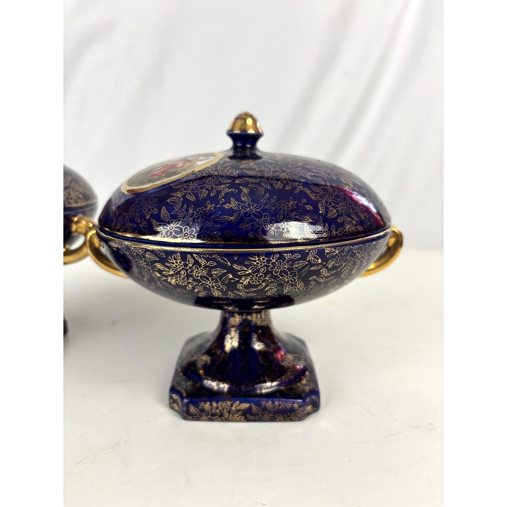 Vintage Cobalt‎ Blue Footed Covered Candy Dish Pair Gold Floral Japan - Picture 8 of 16